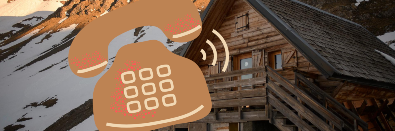 Dessin d'un téléphone en surimposition d'un paysage de montagne en hiver