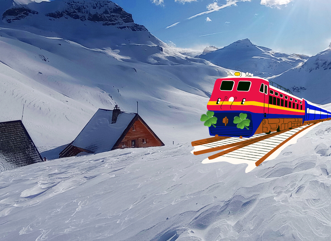 Train dessiné sur un paysage de montagne en hiver